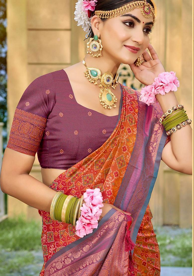 Wine Zari Work Silk Saree Set - Indya