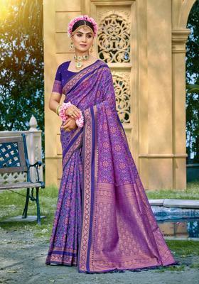 Violet Zari Work Silk Saree Set