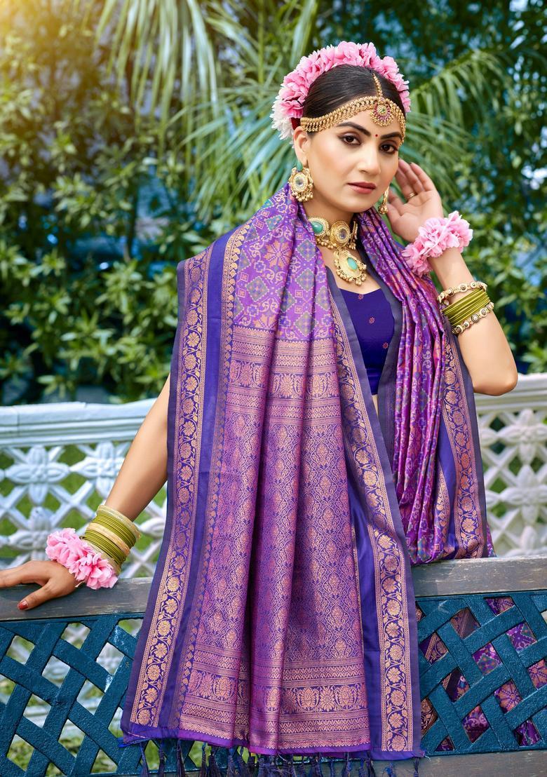 Violet Zari Work Silk Saree Set - Indya
