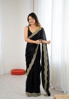 Black Embroidery Silk Saree Set