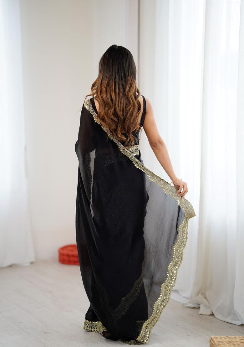 Black Embroidery Silk Saree Set - Indya