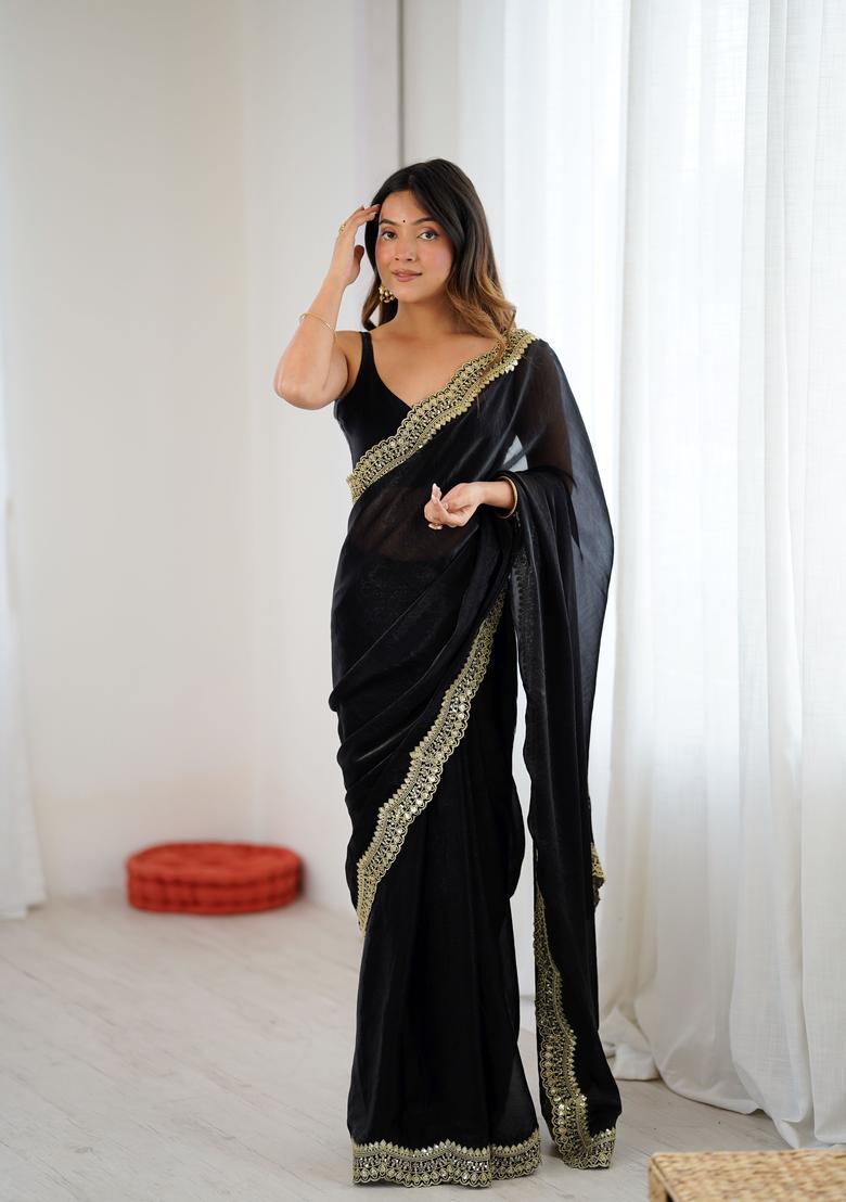 Black Embroidery Silk Saree Set - Indya