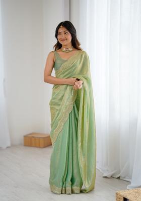 Green Embroidery Silk Saree Set