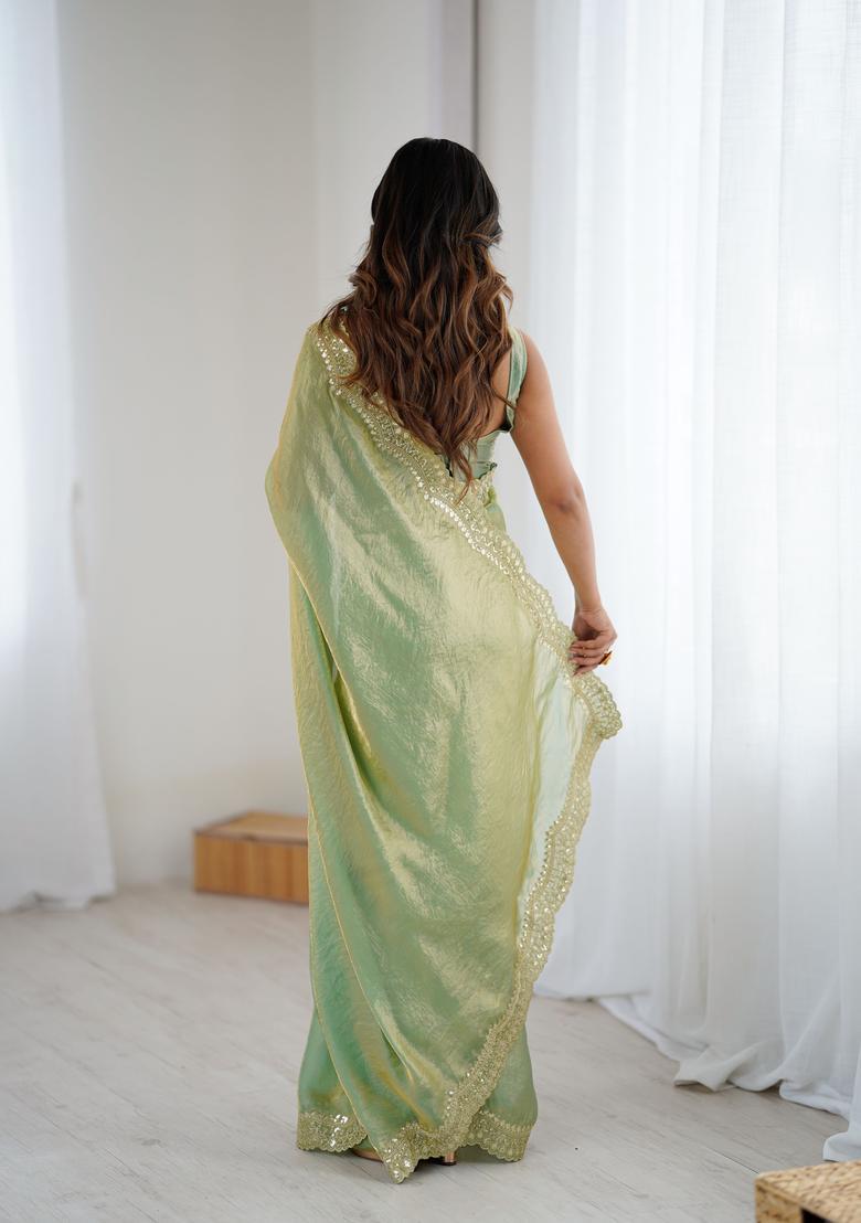 Green Embroidery Silk Saree Set - Indya