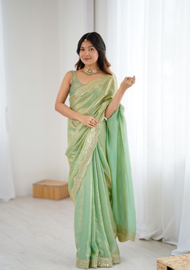 Green Embroidery Silk Saree Set - Indya
