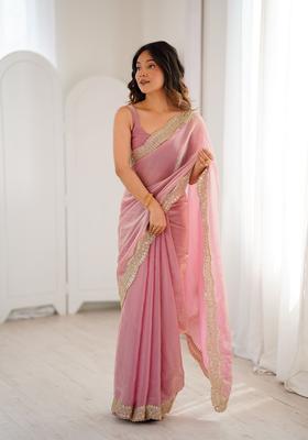 Pink Embroidery Silk Saree Set