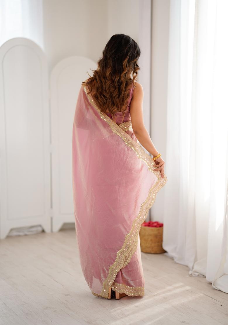 Pink Embroidery Silk Saree Set - Indya