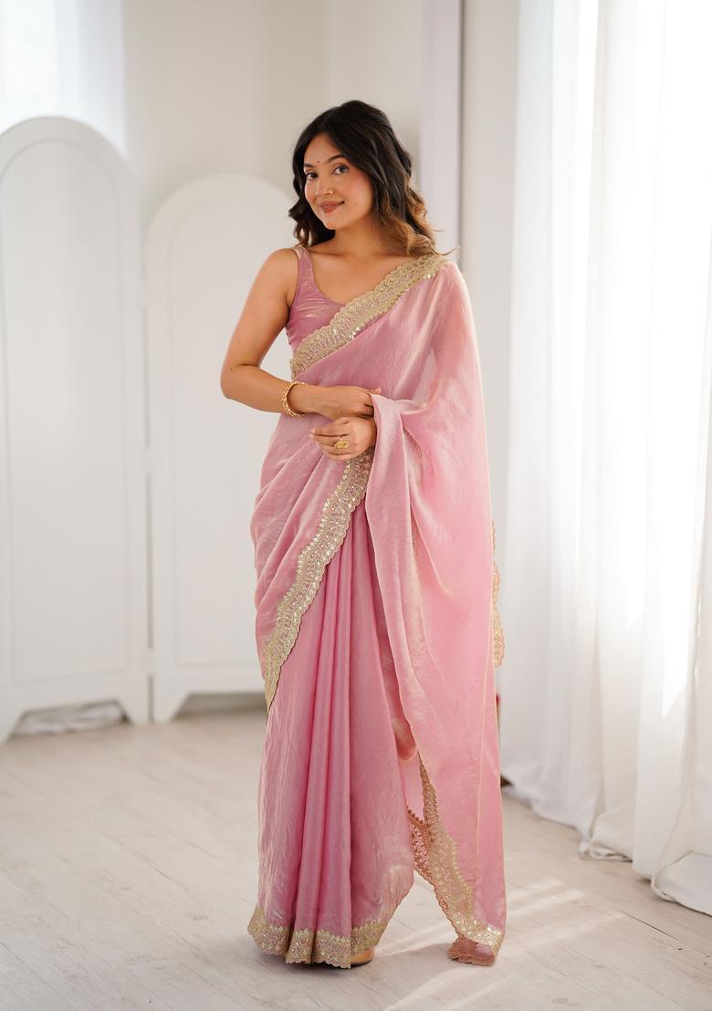 Pink Embroidery Silk Saree Set - Indya