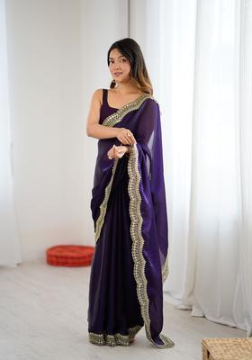 Purple Embroidery Silk Saree Set