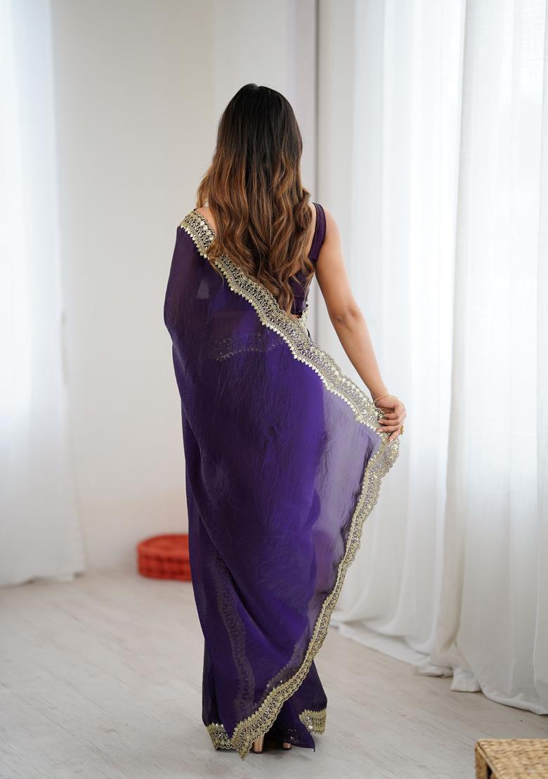 Purple Embroidery Silk Saree Set - Indya