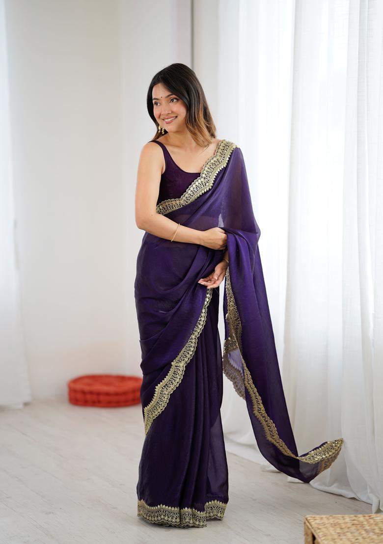 Purple Embroidery Silk Saree Set - Indya