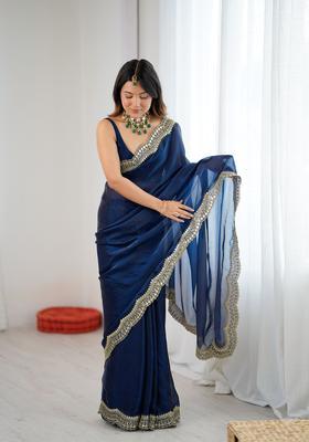 Teal Embroidery Silk Saree Set