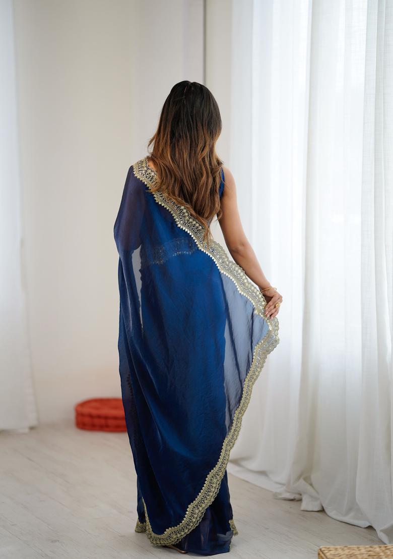 Teal Embroidery Silk Saree Set - Indya