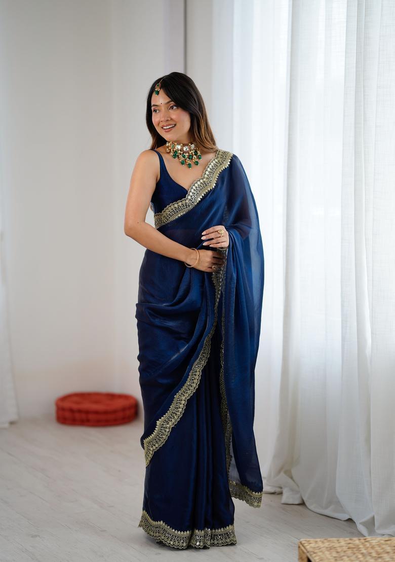 Teal Embroidery Silk Saree Set - Indya