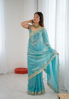 Sky Blue Embroidery Silk Saree Set