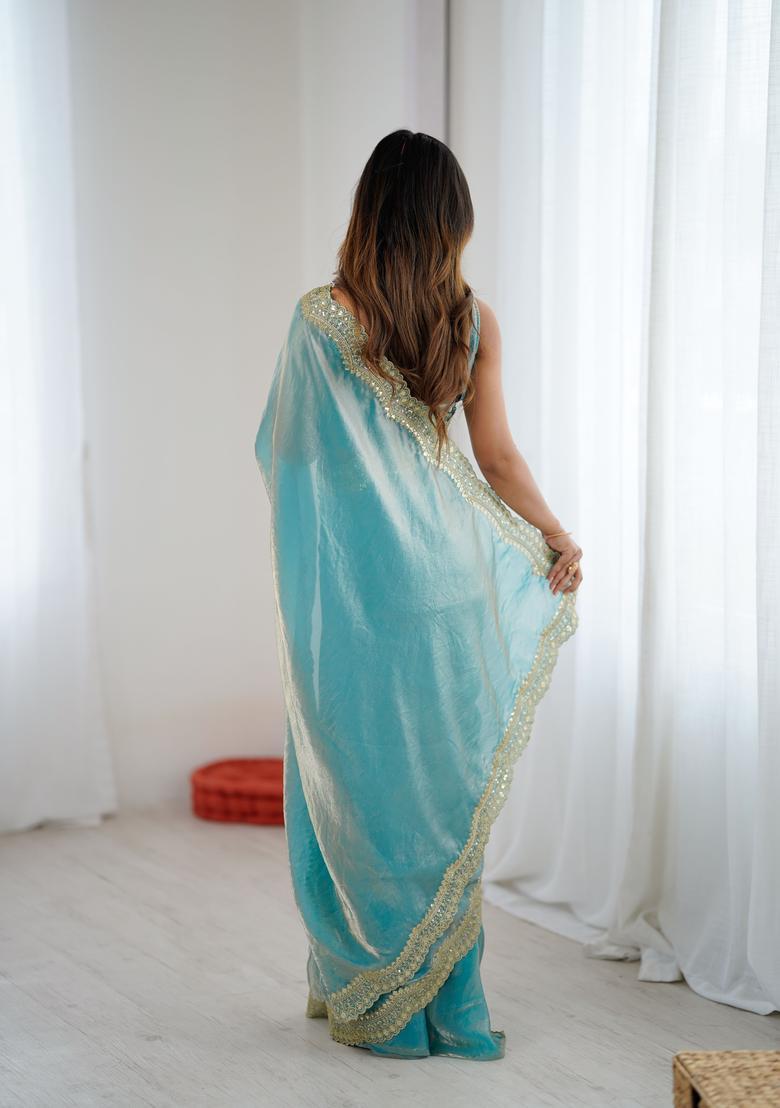 Sky Blue Embroidery Silk Saree Set - Indya
