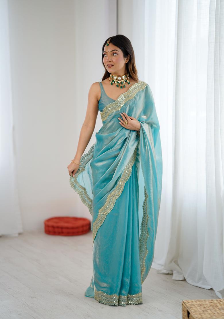 Sky Blue Embroidery Silk Saree Set - Indya