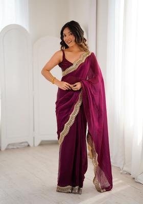 Wine Embroidery Silk Saree Set