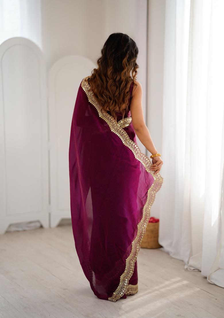 Wine Embroidery Silk Saree Set - Indya
