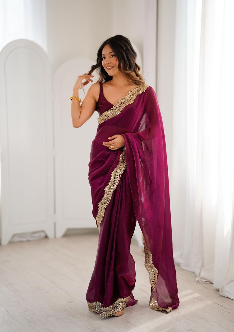 Wine Embroidery Silk Saree Set - Indya