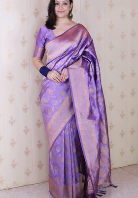 Lavender Zari Work Silk Saree Set