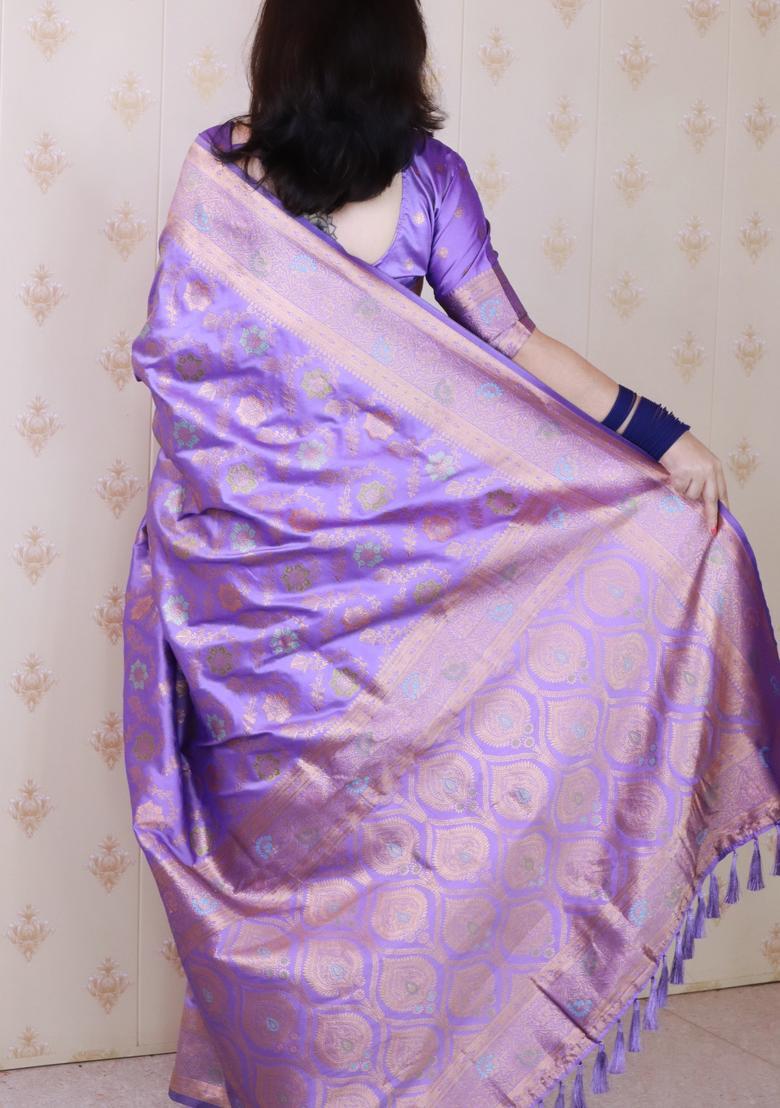 Lavender Zari Work Silk Saree Set - Indya