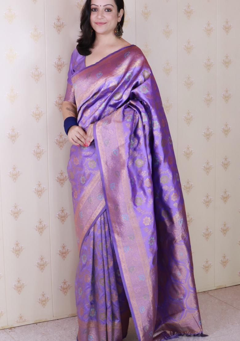Lavender Zari Work Silk Saree Set - Indya