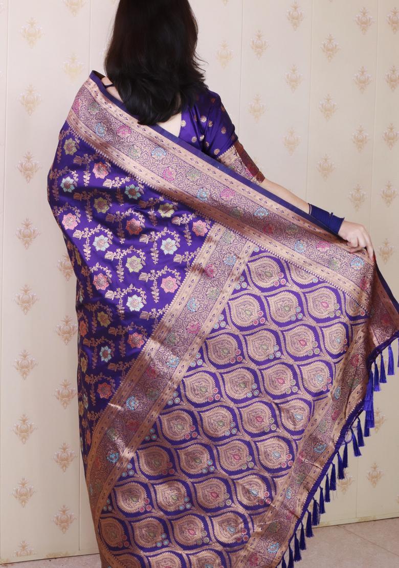 Violet Zari Work Silk Saree Set - Indya