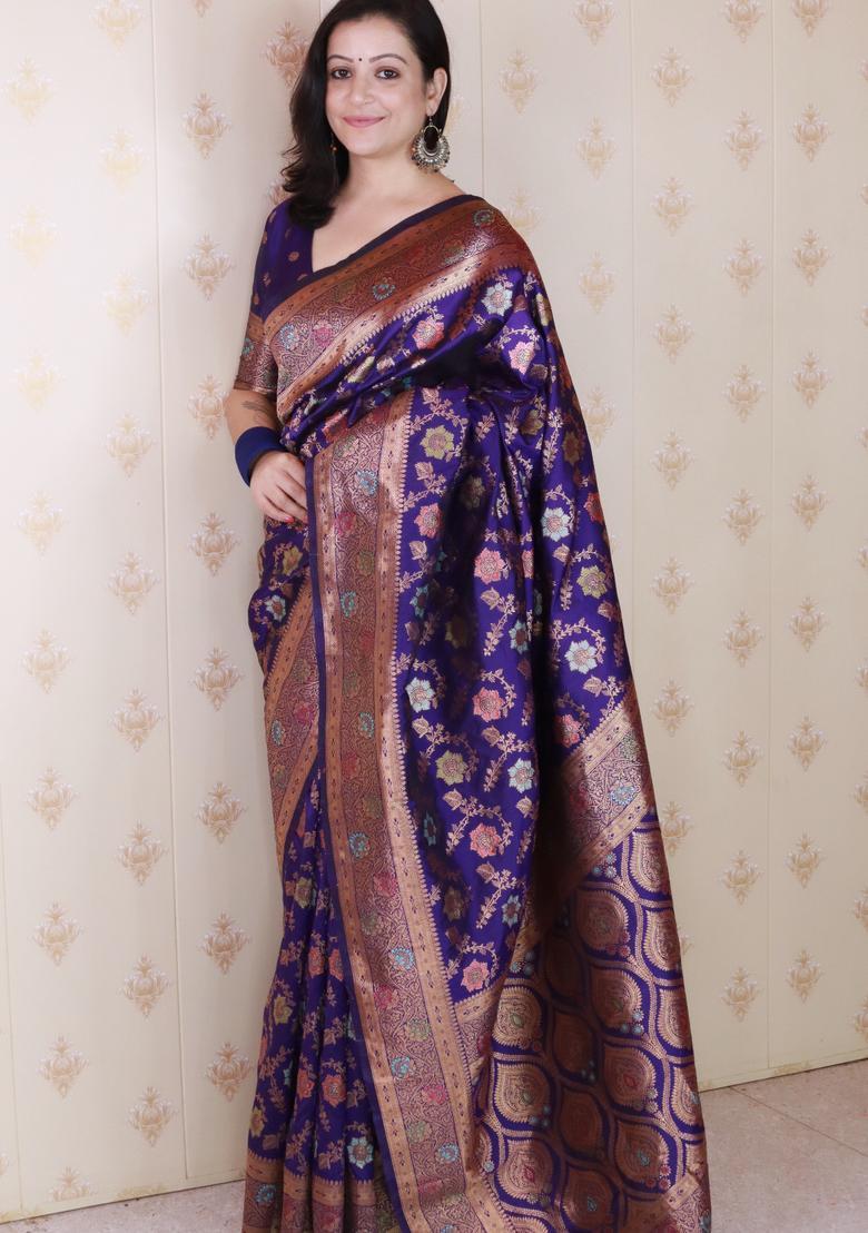 Violet Zari Work Silk Saree Set - Indya