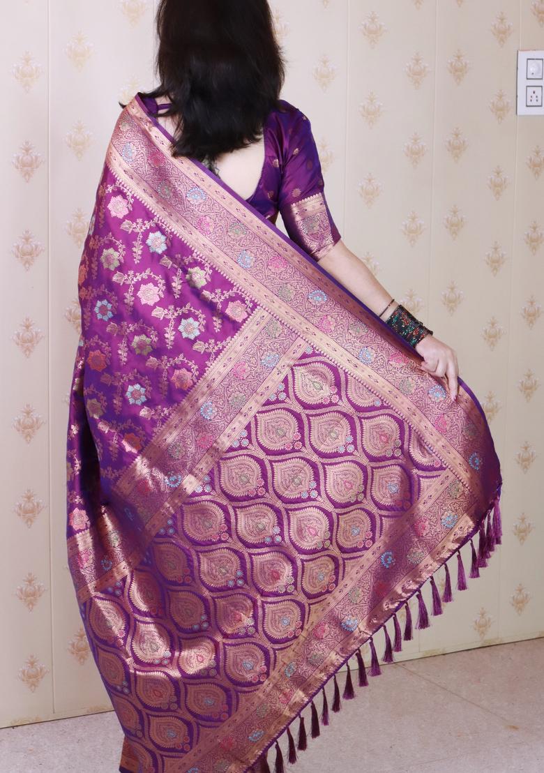 Wine Zari Work Silk Saree Set - Indya