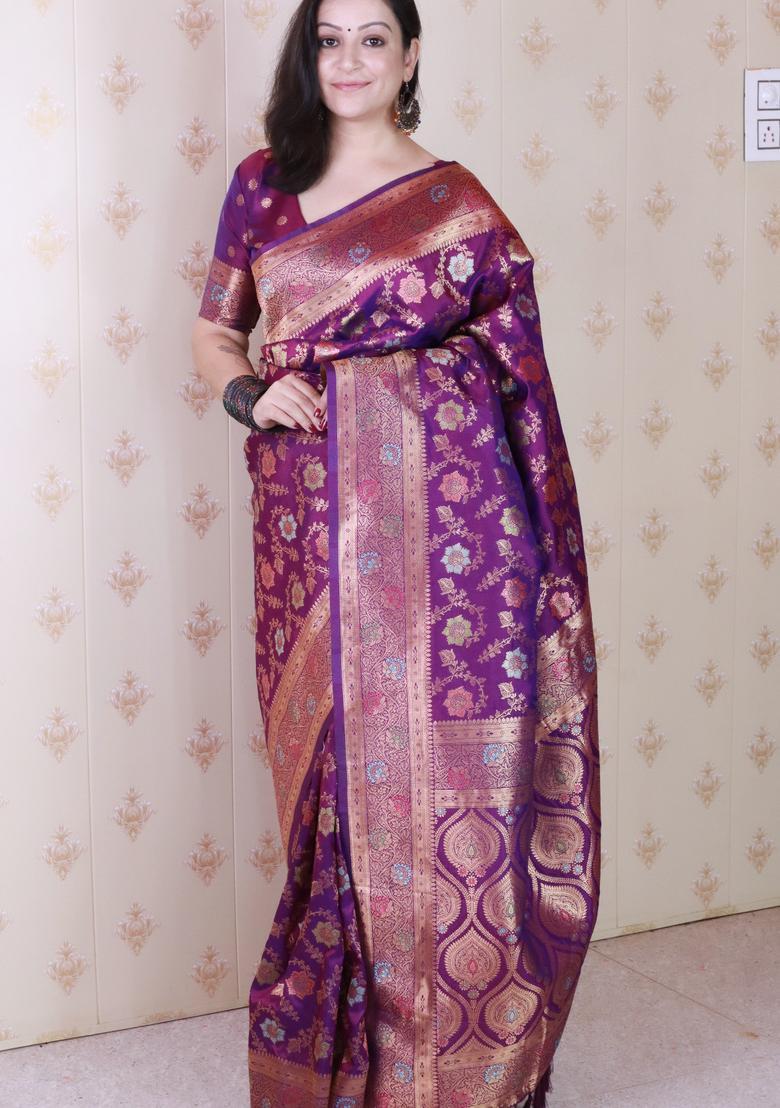 Wine Zari Work Silk Saree Set - Indya