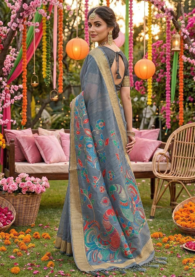 Grey Zari Work Cotton Saree Set - Indya