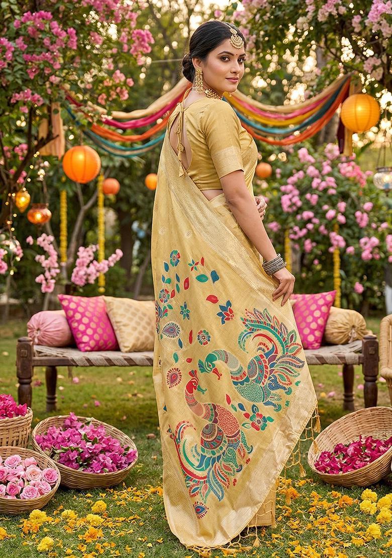 Yellow Zari Work Cotton Saree Set - Indya