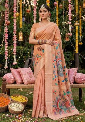 Peach Zari Work Cotton Saree Set