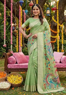 Green Zari Work Cotton Saree Set