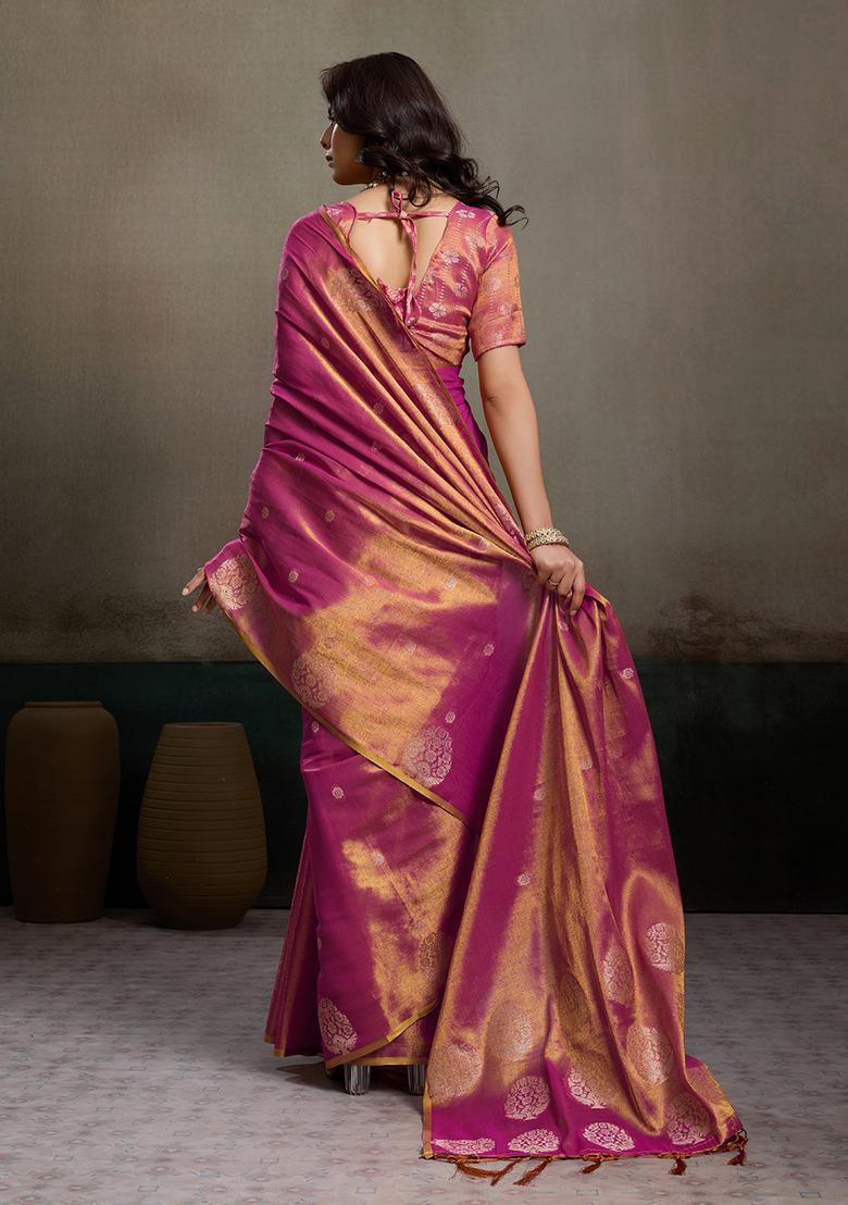 Magenta Zari Work Silk Saree Set - Indya