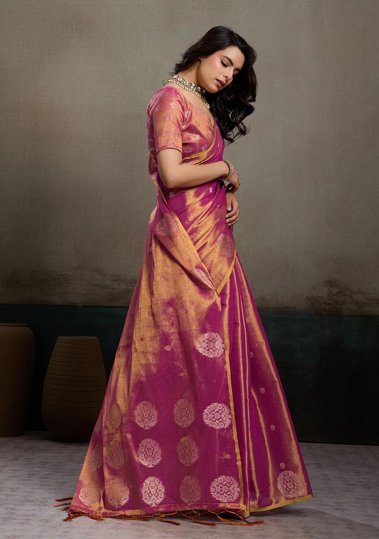 Magenta Zari Work Silk Saree Set - Indya