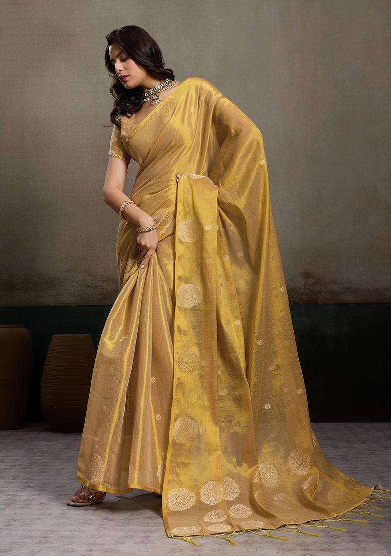 Beige Zari Work Silk Saree Set for Diwali and Festive Wear - Indya