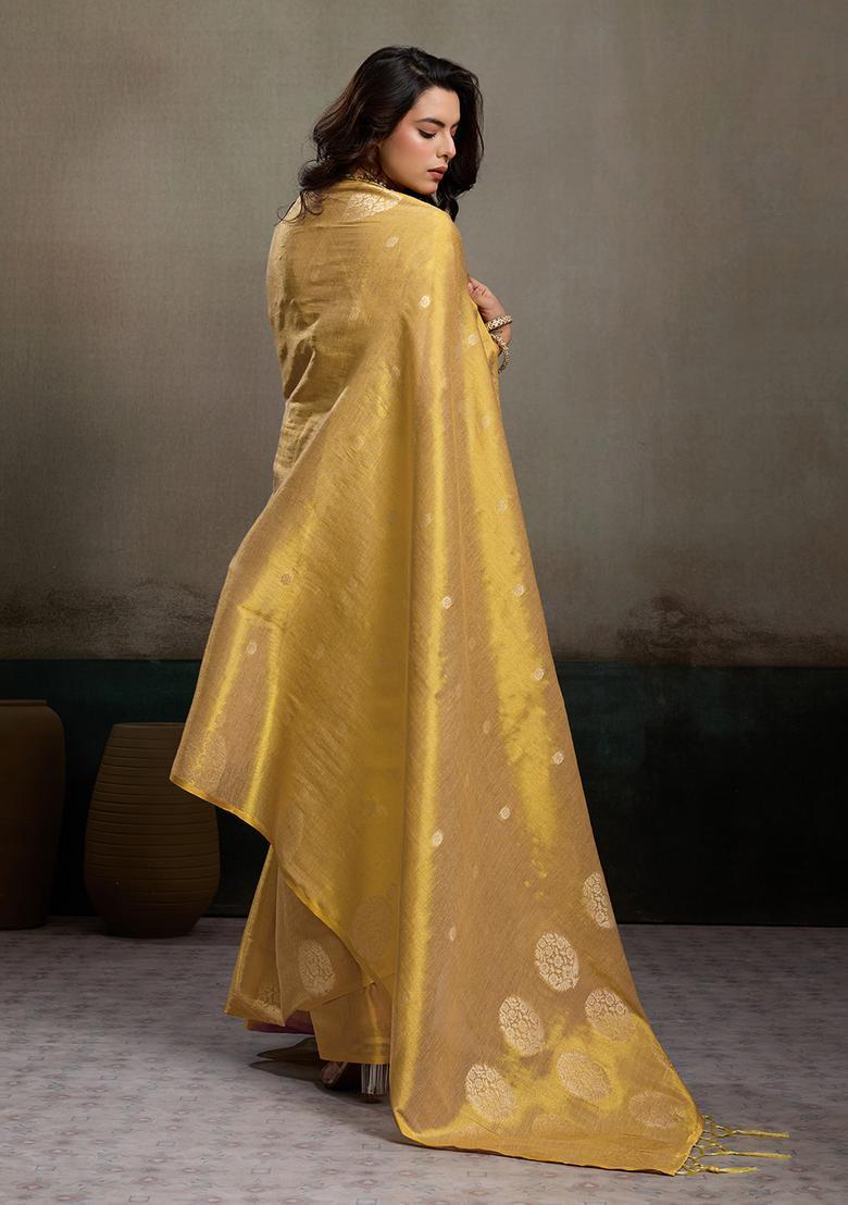 Beige Zari Work Silk Saree Set - Indya