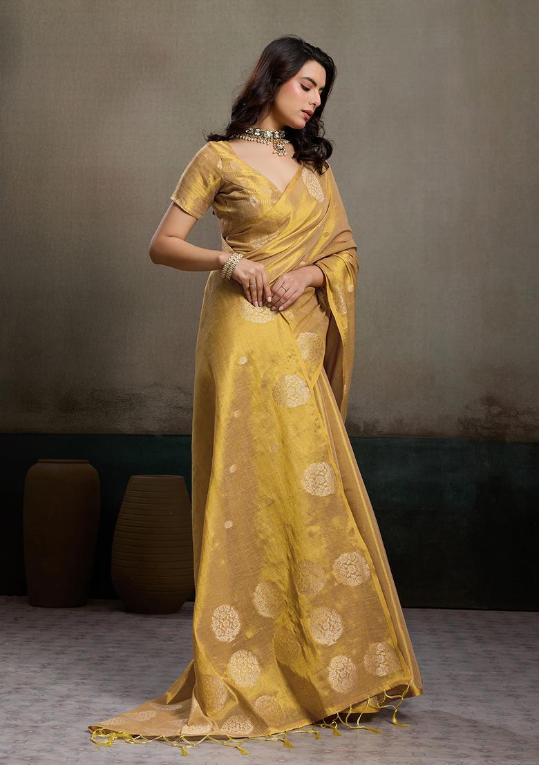 Beige Zari Work Silk Saree Set - Indya