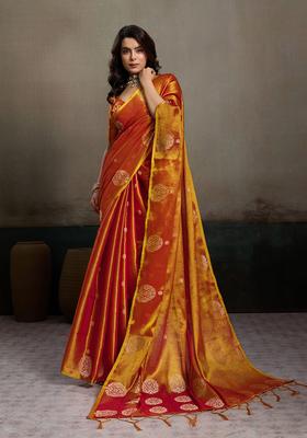 Orange Zari Work Silk Saree Set
