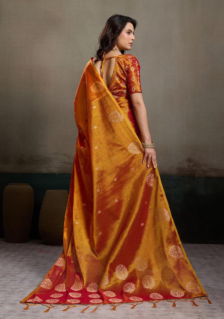 Orange Zari Work Silk Saree Set - Indya
