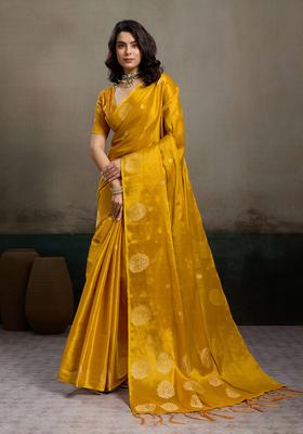Mustard Zari Work Silk Saree Set