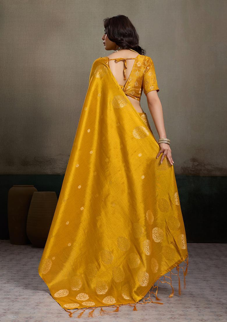 Mustard Zari Work Silk Saree Set - Indya