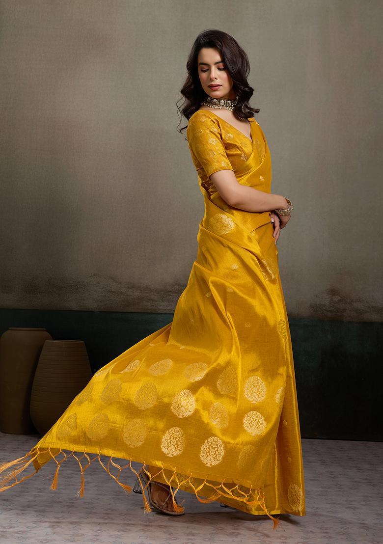 Mustard Zari Work Silk Saree Set - Indya