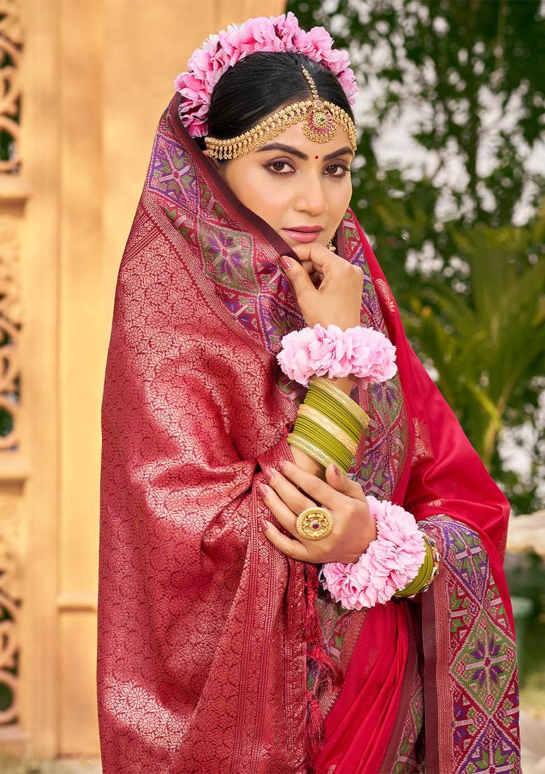 Red Zari Work Silk Saree Set - Indya