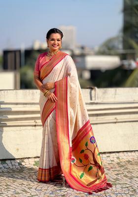 Cream Zari Work Silk Saree Set