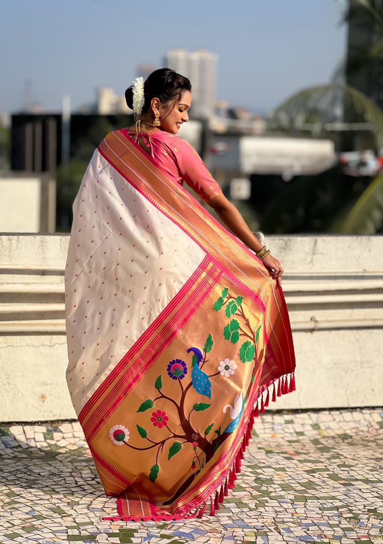 Cream Zari Work Silk Saree Set - Indya