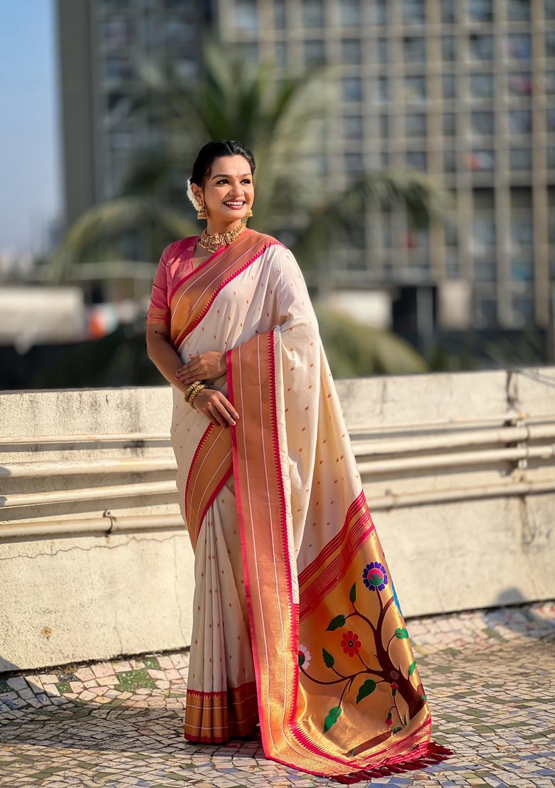 Cream Zari Work Silk Saree Set - Indya