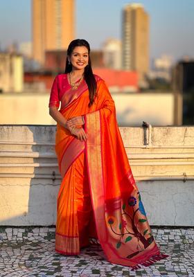 Orange Zari Work Silk Saree Set